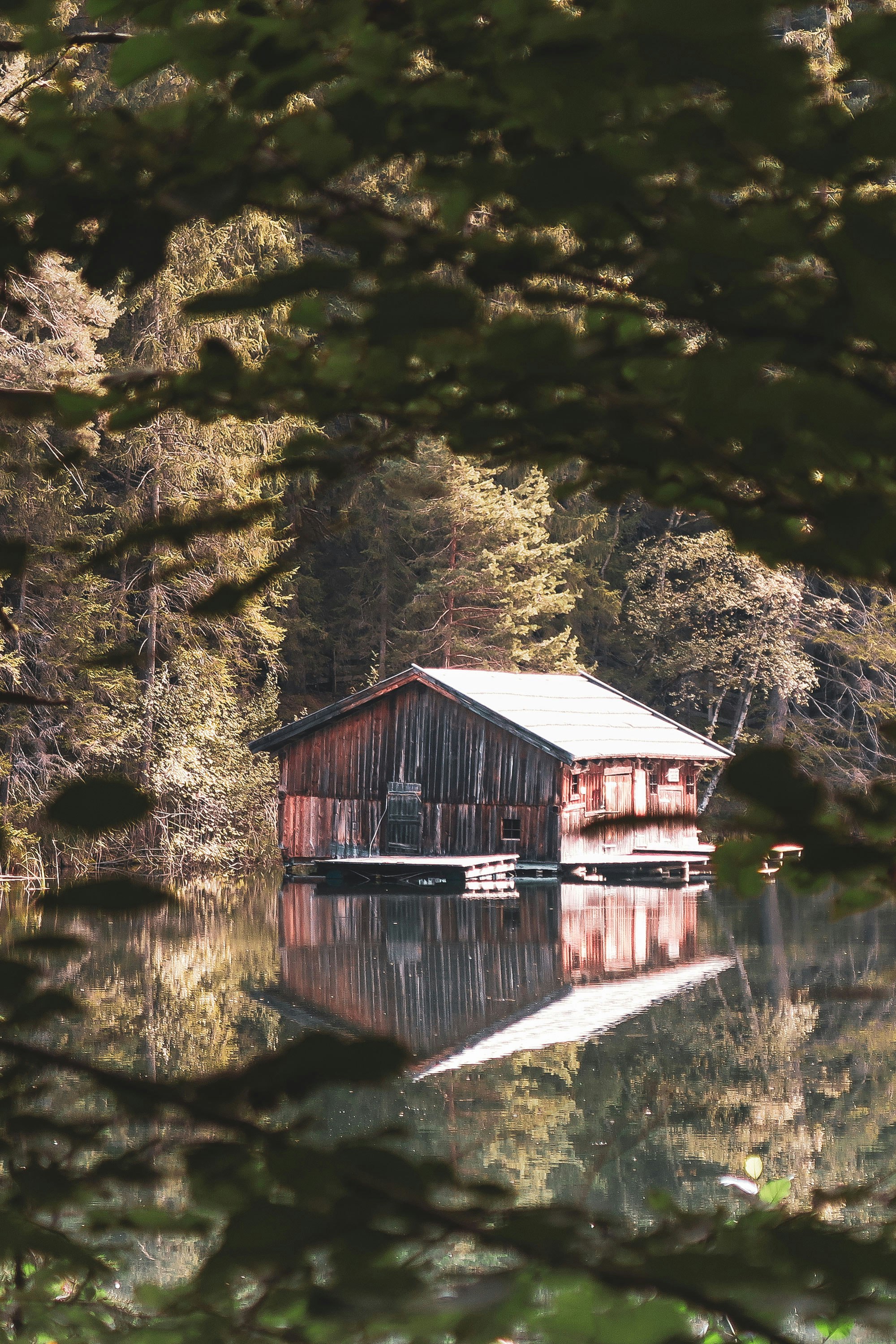 brown wooden house near body of water and trees